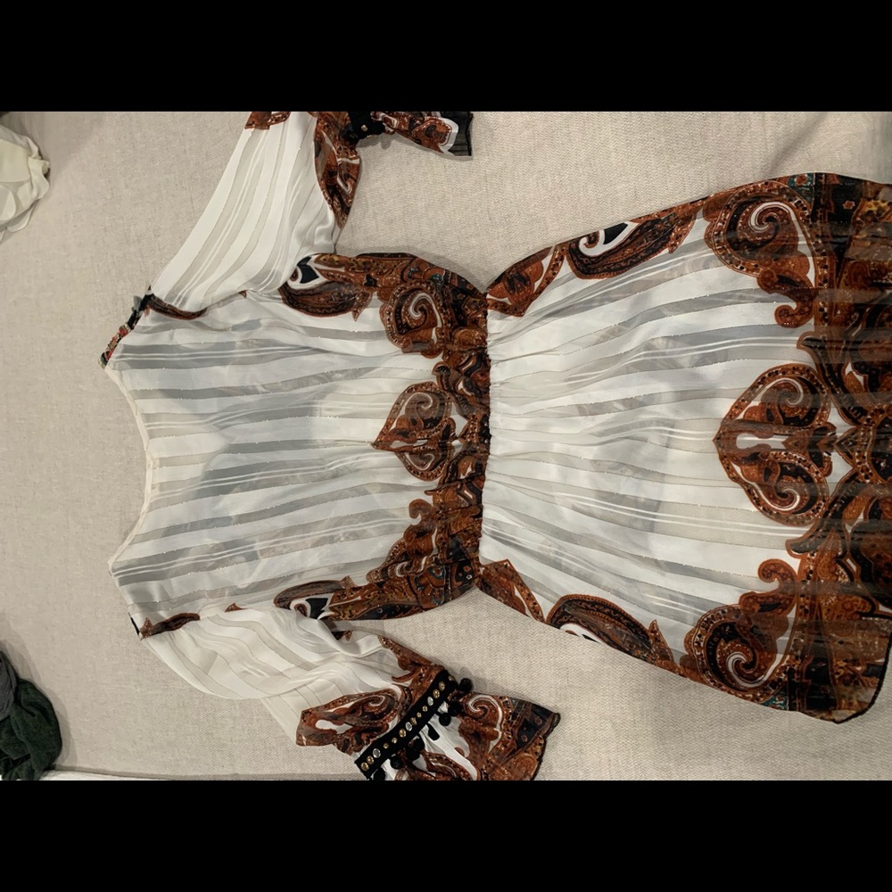 never worn, sheer fabric, mini dress, with gold and tassel details
